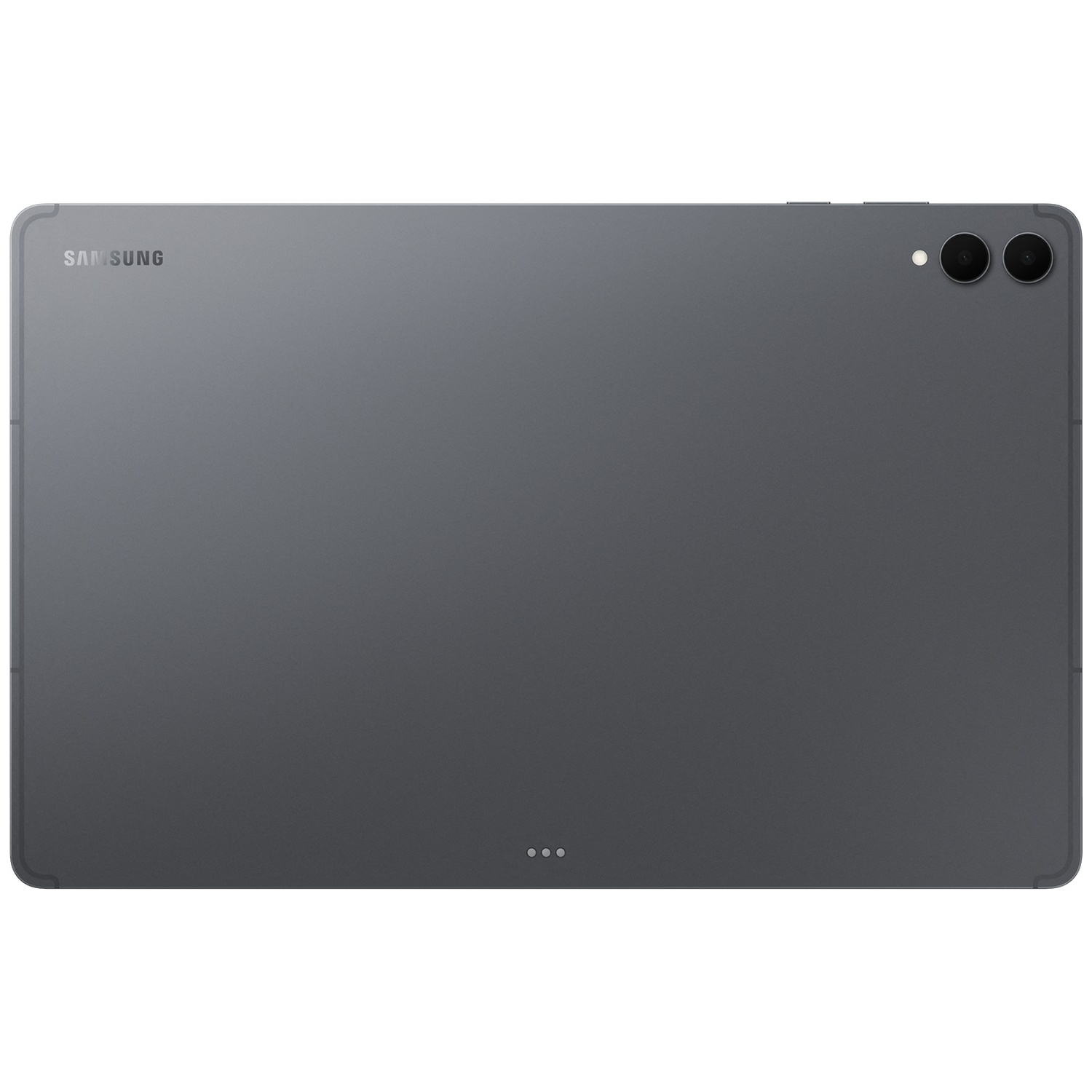 Dos d'une tablette Samsung grise avec deux caméras et des broches de charge.