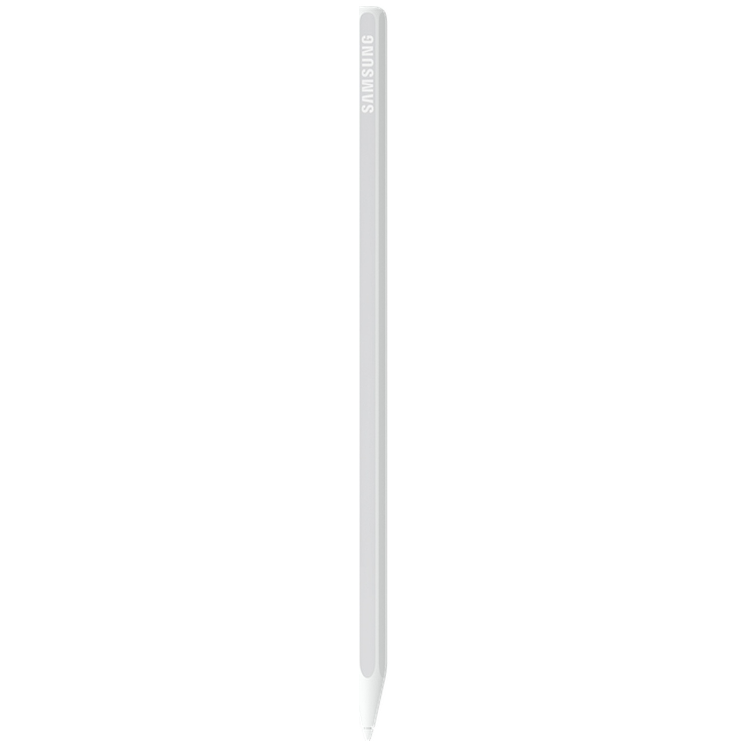 Un stylet Samsung blanc et fin avec une pointe arrondie sur fond blanc.