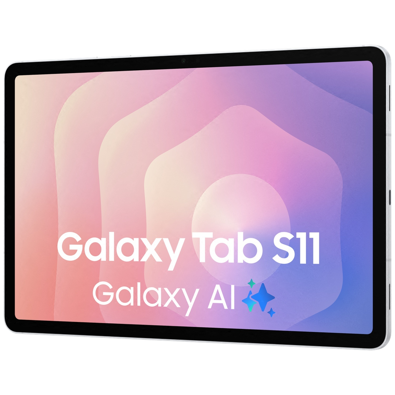 Une tablette argentée affiche "Galaxy Tab S11 Galaxy AI" sur son écran.