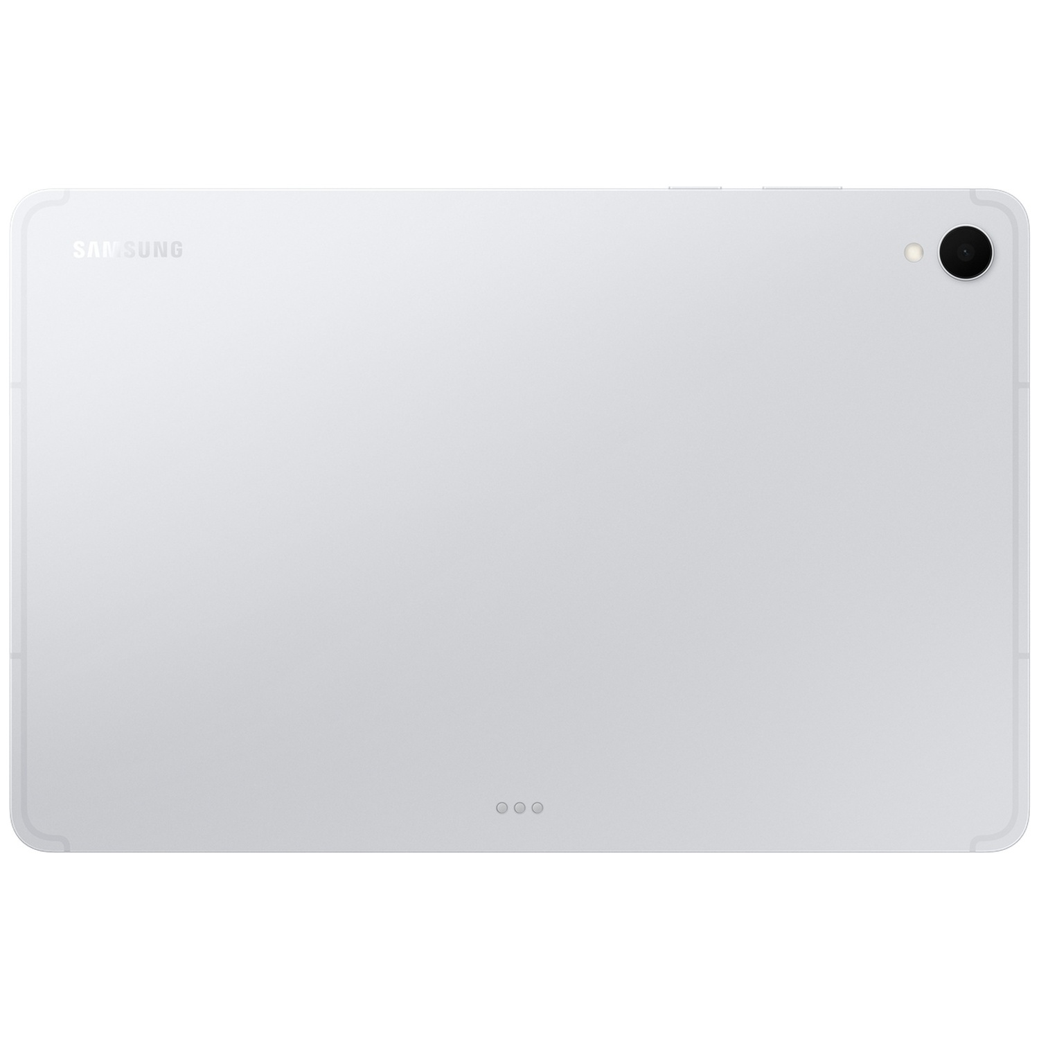 Arrière d'une tablette Samsung blanche avec module caméra et contacts de charge.