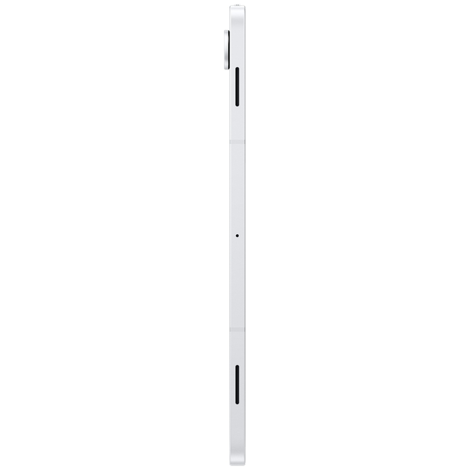 Une tablette argentée vue de profil sur fond blanc.