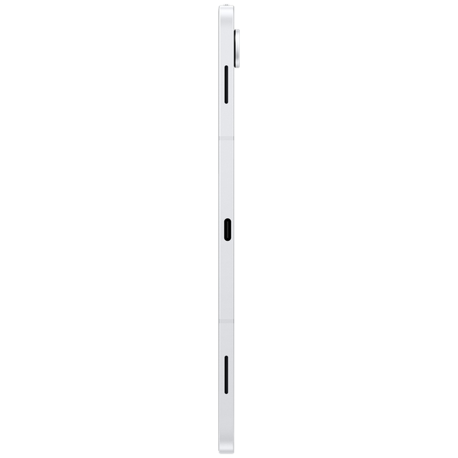 Une tablette blanche de profil sur une surface blanche. Elle est fine avec un bouton noir.