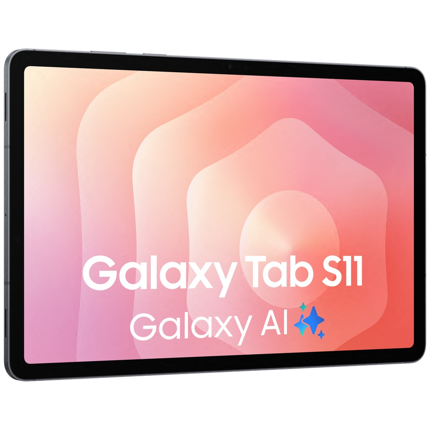 Gray tablet displaying "Galaxy Tab S11" and "Galaxy AI" on abstract background.