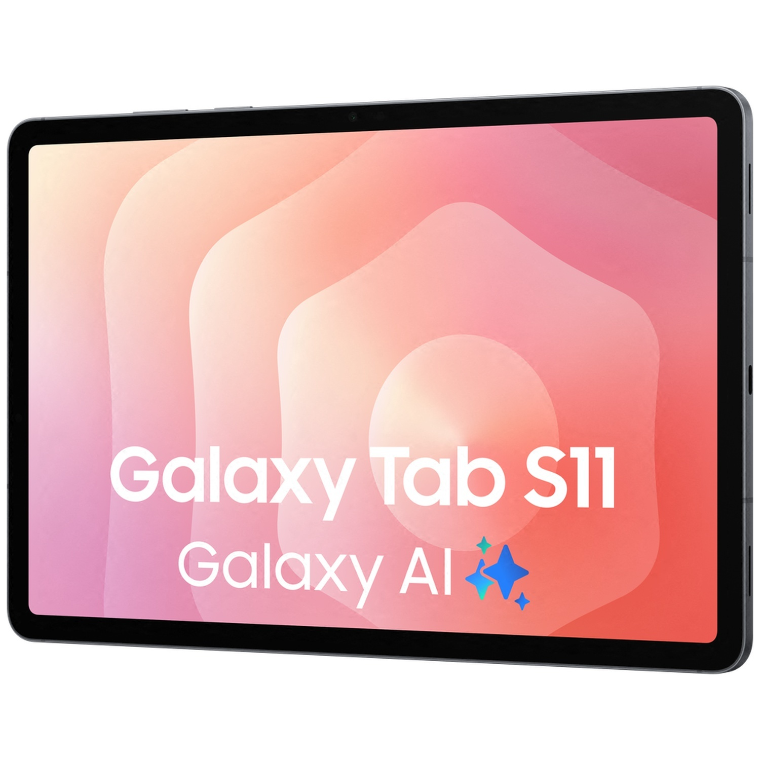 Tablette grise avec fond rose-orange et texte.