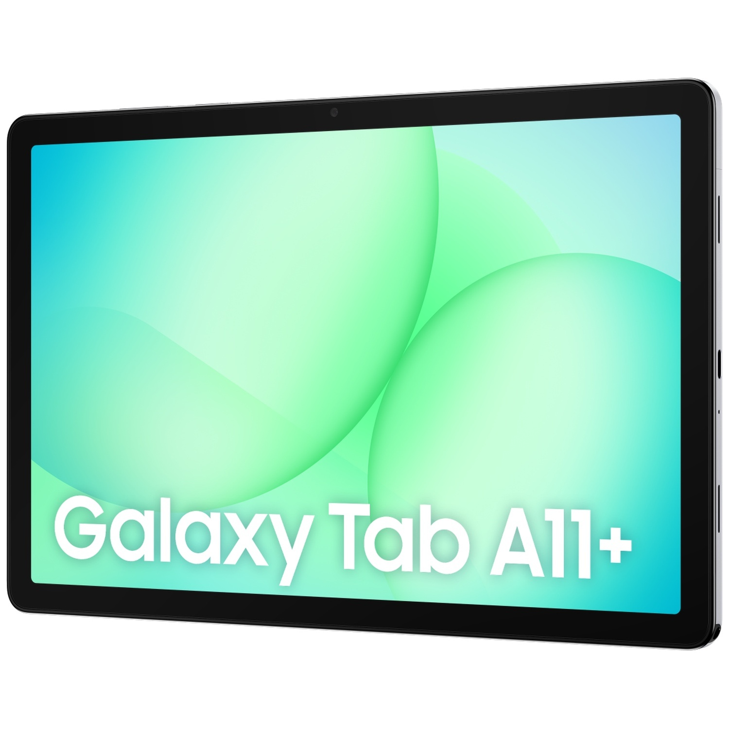 Une tablette Galaxy Tab A11+ avec un fond turquoise et vert clair.