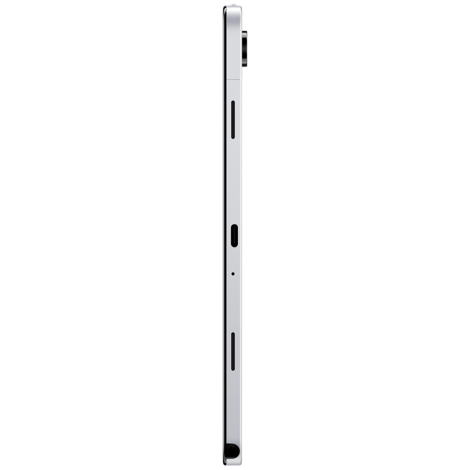 Un smartphone argenté vu de profil sur fond blanc.