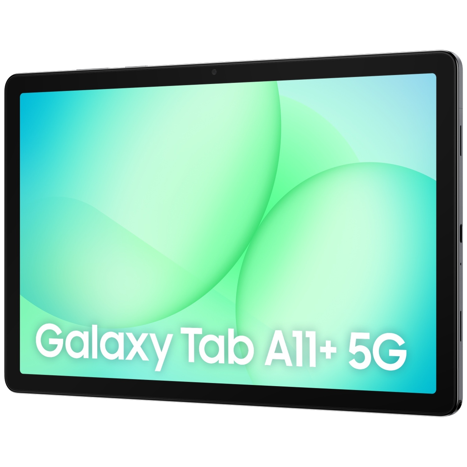 Samsung Galaxy Tab A11+ 5G noir avec bulles d'arrière-plan vert-bleu.