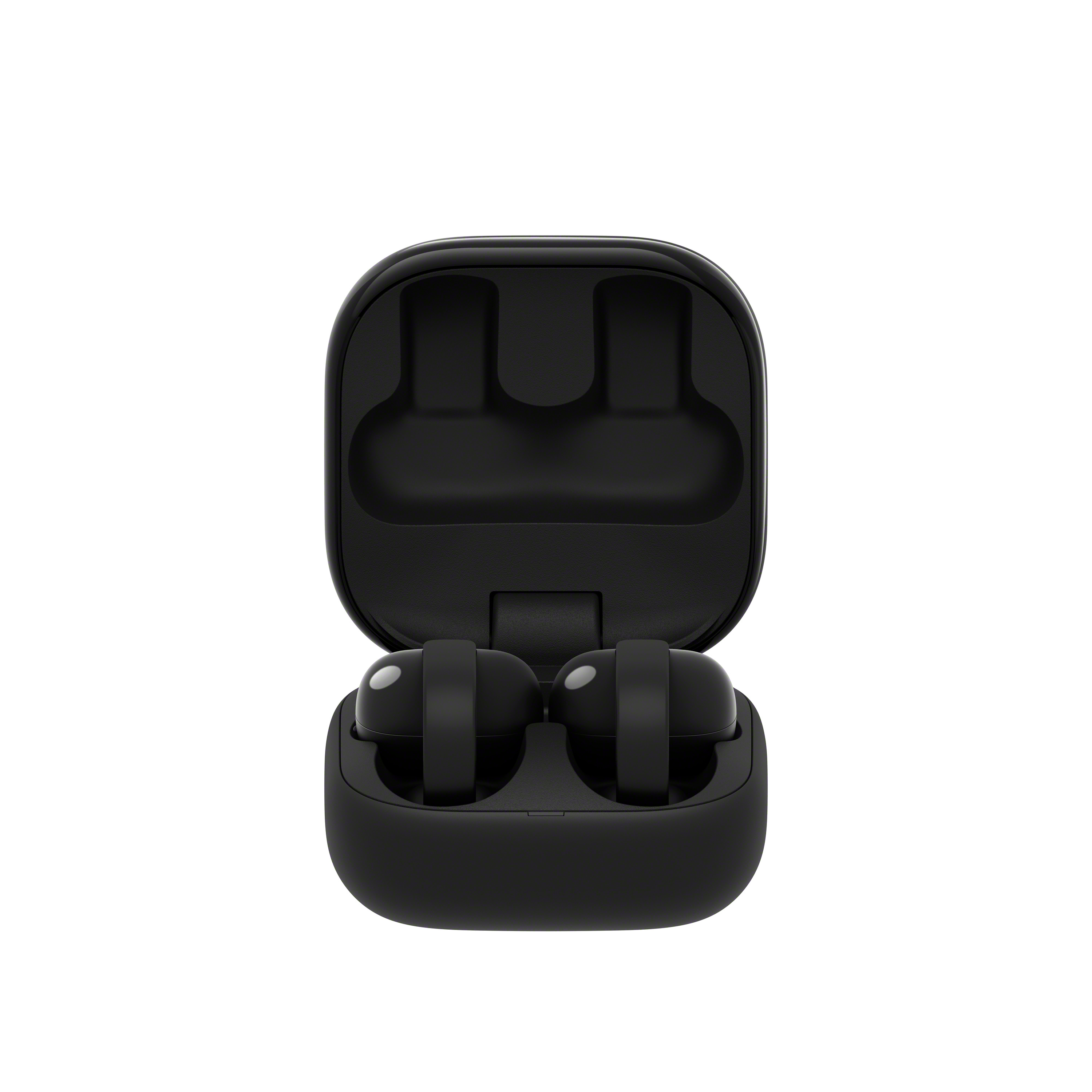 Fekete vezeték nélküli fülhallgatók nyitott töltőtokban.