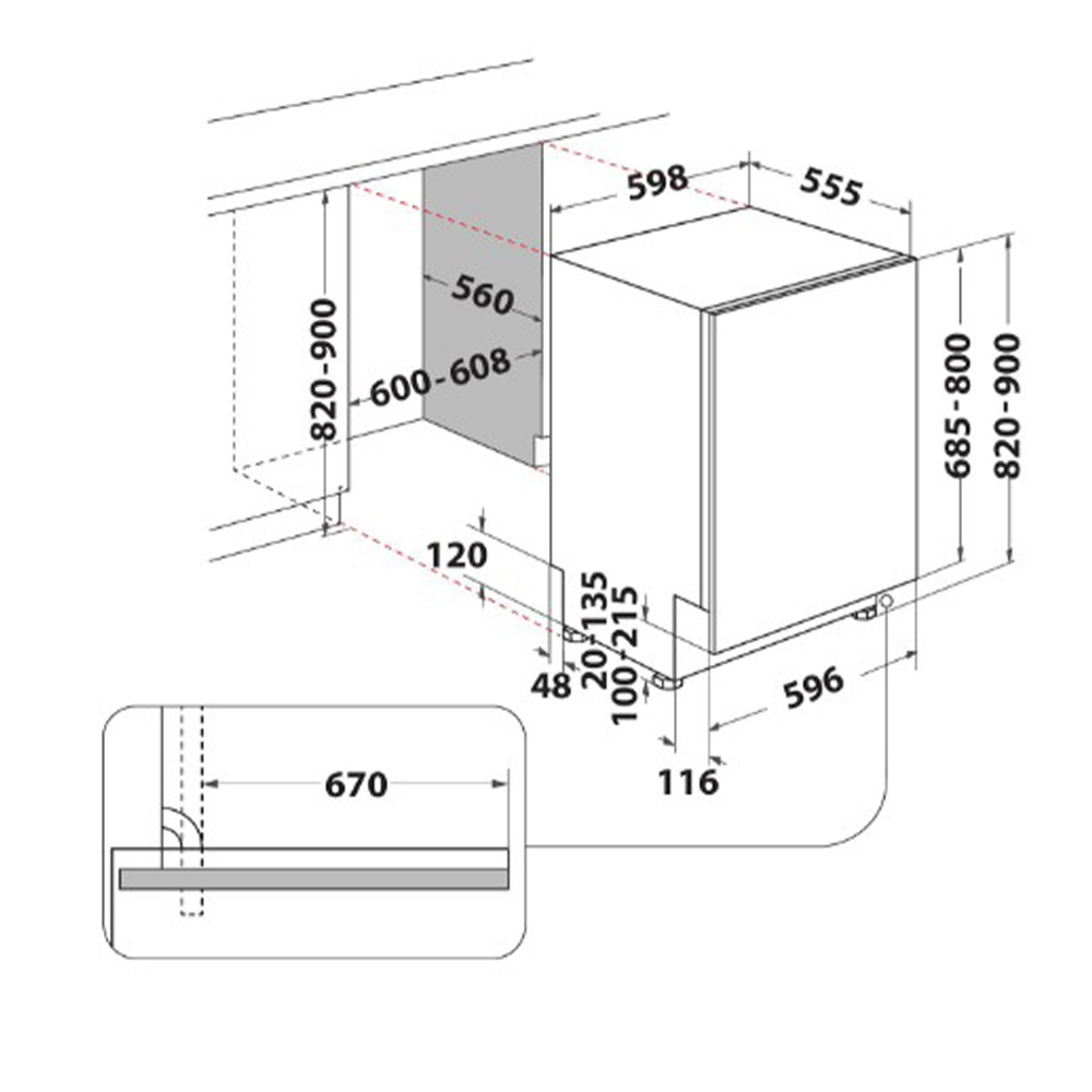 Dibujo técnico de un lavavajillas con dimensiones.
