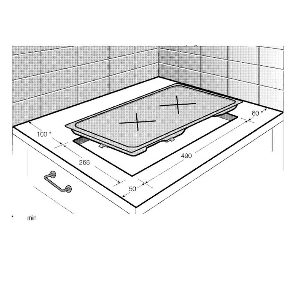 Una placa de cocina está instalada en una encimera, con dimensiones.