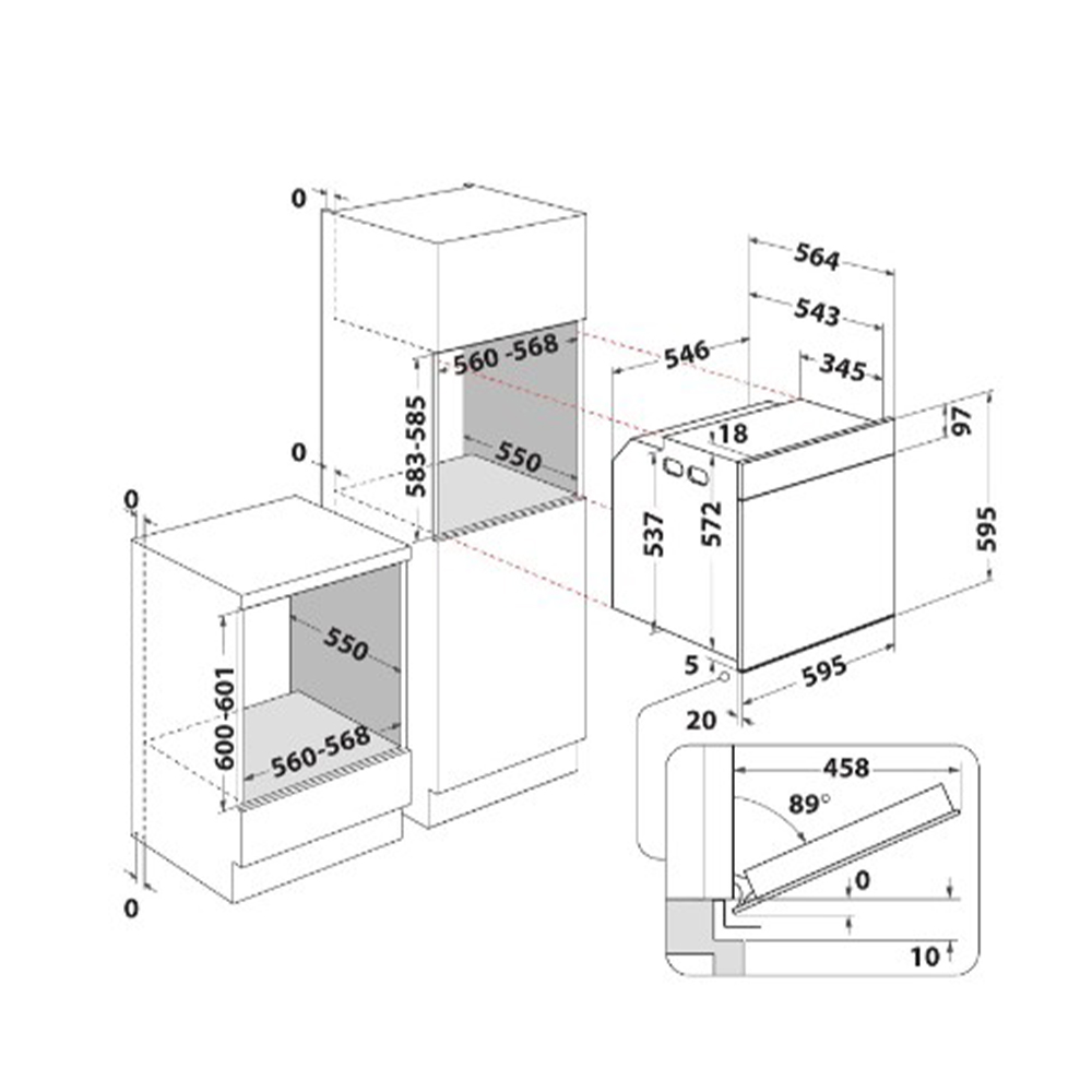 Dibujo técnico de electrodomésticos empotrables con medidas.