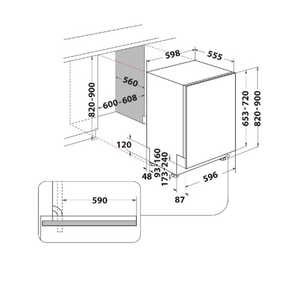 Dibujo técnico de un lavavajillas con dimensiones y especificaciones de instalación.