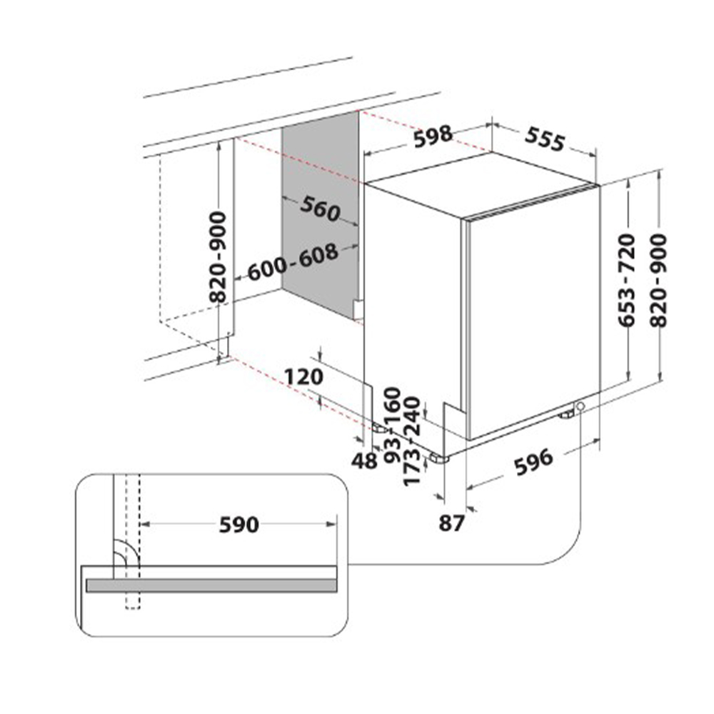 Dibujo técnico de un lavavajillas con dimensiones y medidas de instalación.