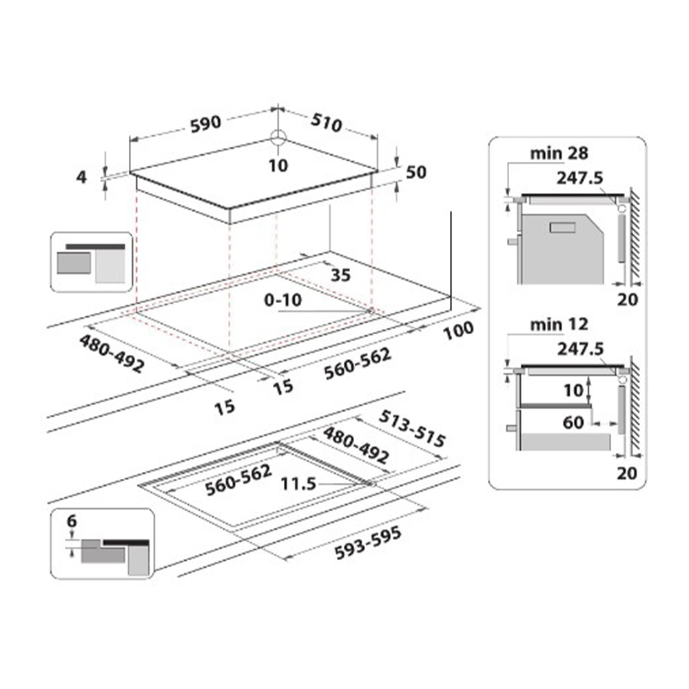 Dibujo técnico con dimensiones para una placa y dimensiones de instalación.