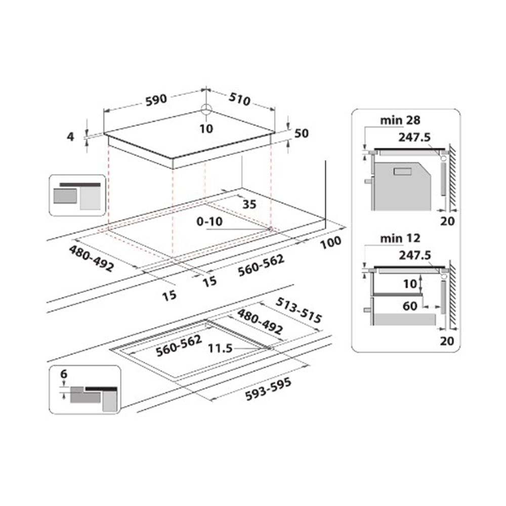 Diagrama que muestra las dimensiones de una placa de cocina. Incluye vista superior y laterales.