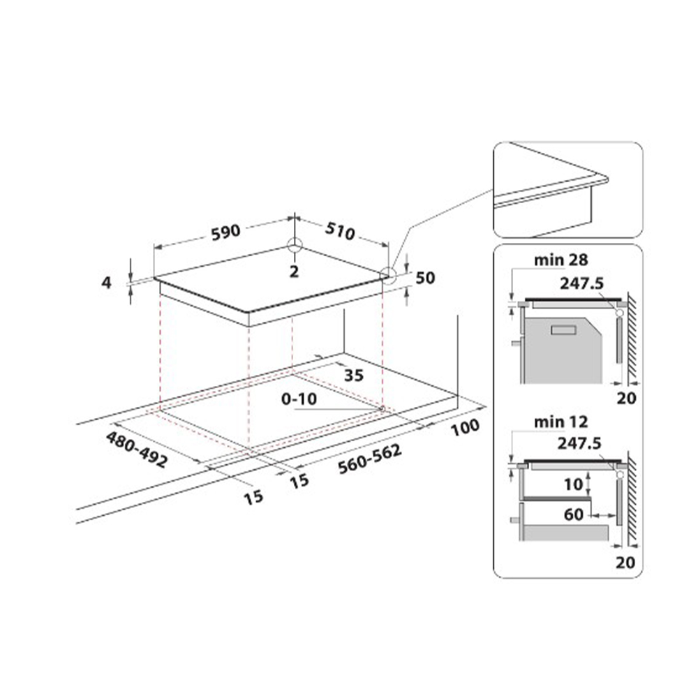Dibujo técnico de una instalación de placa de cocina con dimensiones.