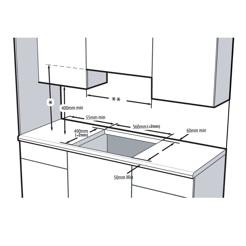 Dibujo técnico con medidas de instalación de cocina.