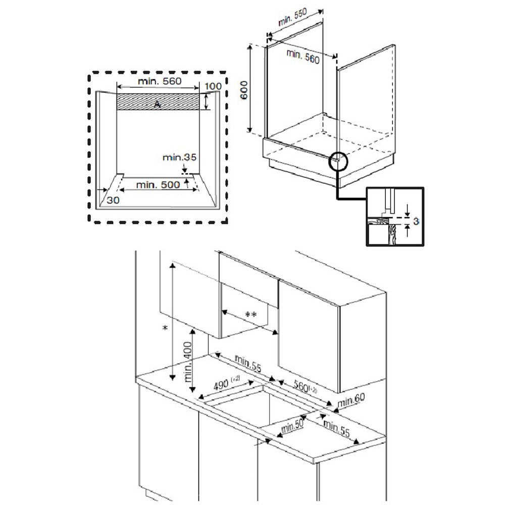 Dibujo técnico con dimensiones de instalación para un fregadero y armarios superiores.