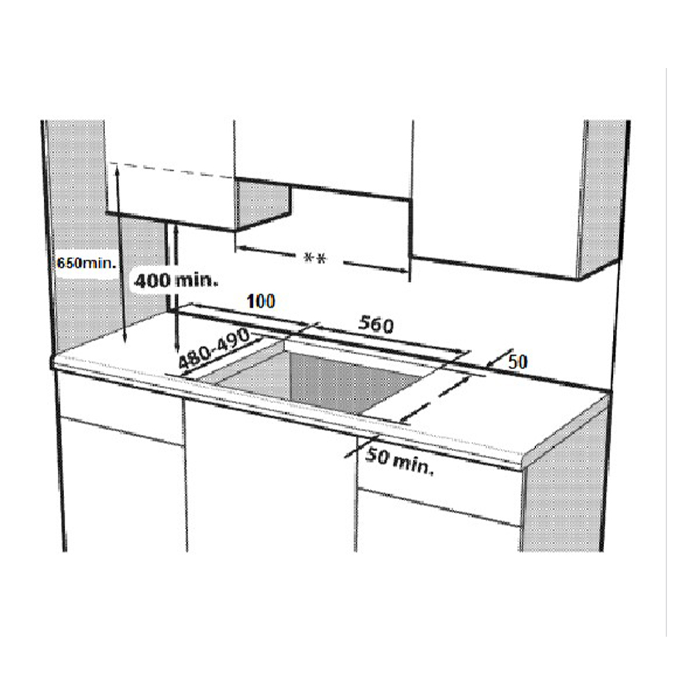 Dibujo técnico de un fregadero con dimensiones: 650mm alto, 400mm ancho, 480-490mm largo, 560mm profundo.