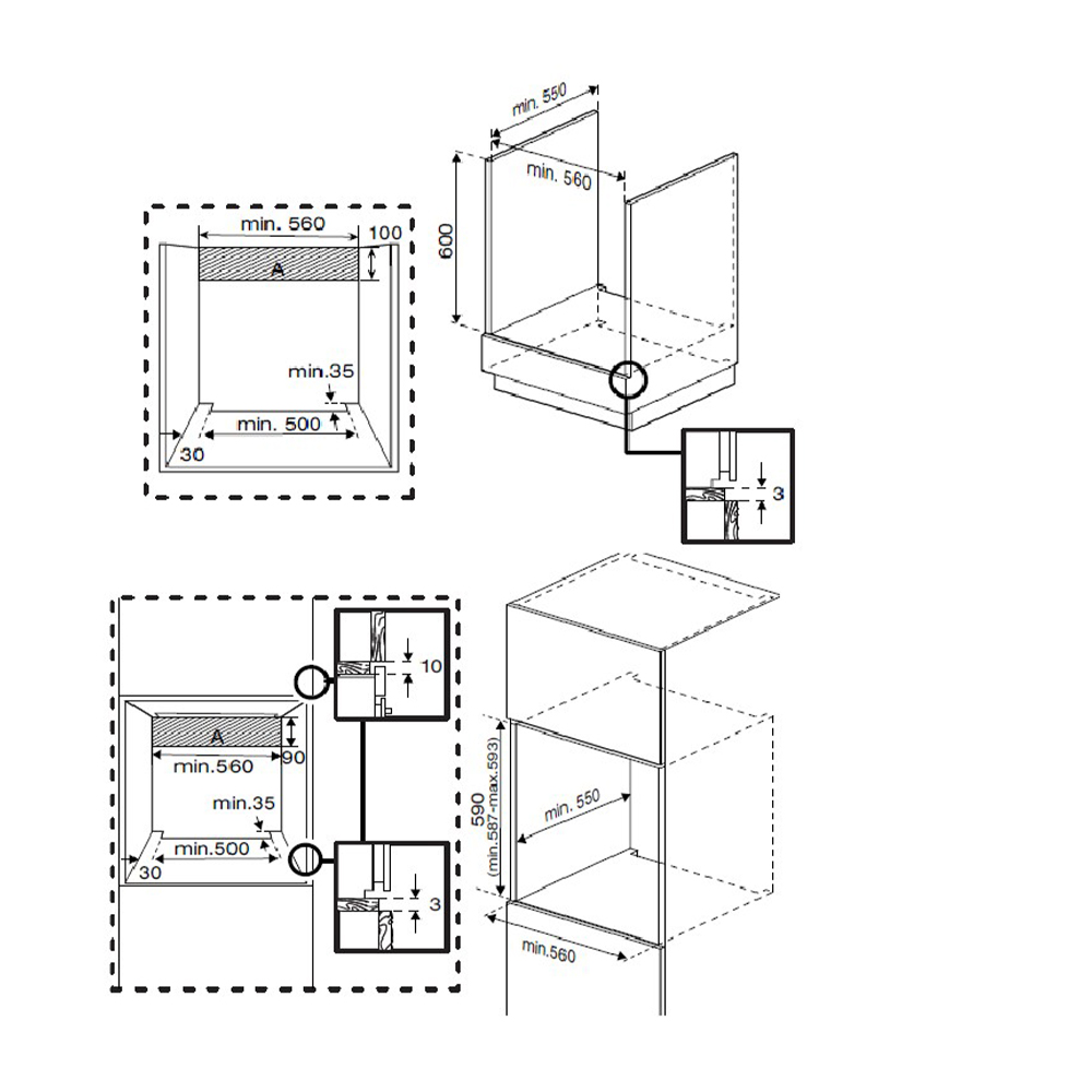 Dibujo técnico con dimensiones para electrodomésticos empotrados. Muestra medidas y detalles.