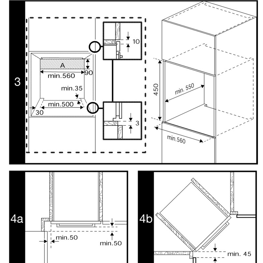 Dibujo técnico con dimensiones para instalación, varias vistas y detalles.