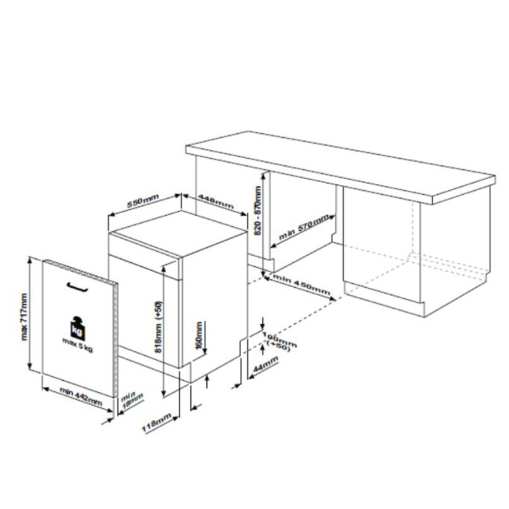 Dibujo técnico de un lavavajillas con dimensiones y guía de instalación.