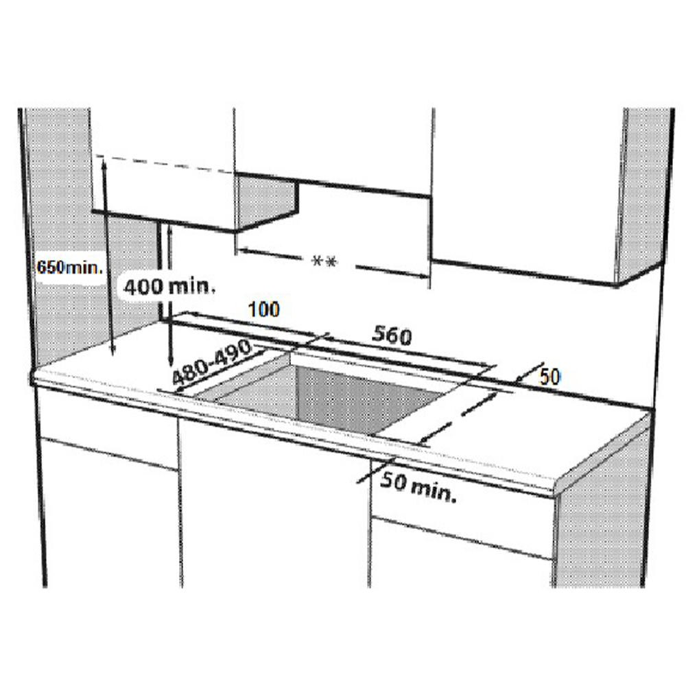 Dibujo técnico de un fregadero con dimensiones: 650mm, 400mm, 100, 560, 480-490, 50mm.