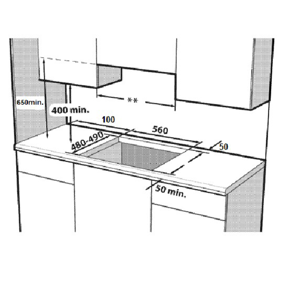 Dibujo de instalación de un fregadero con medidas: 650mm, 400mm, 480-490mm, 100mm, 560mm, 50mm.