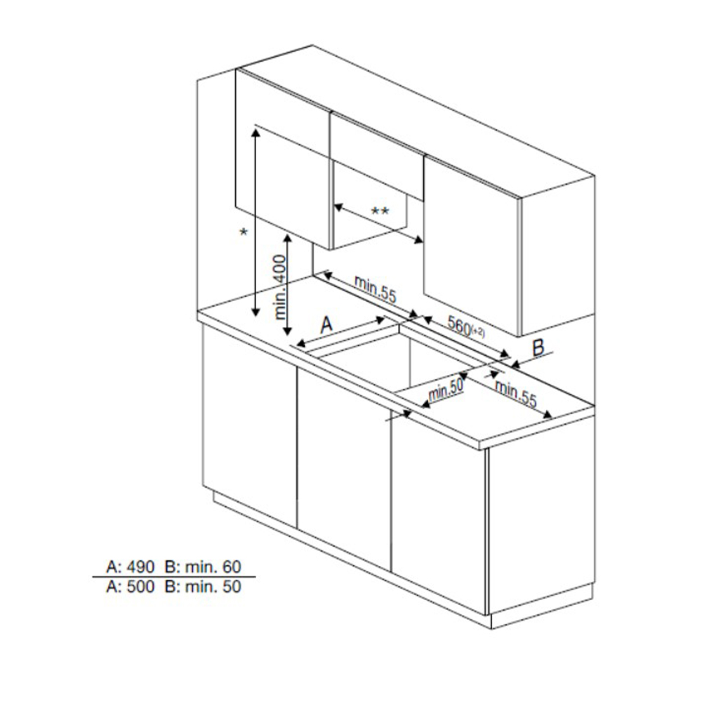 Dibujo técnico de una unidad de cocina con dimensiones.