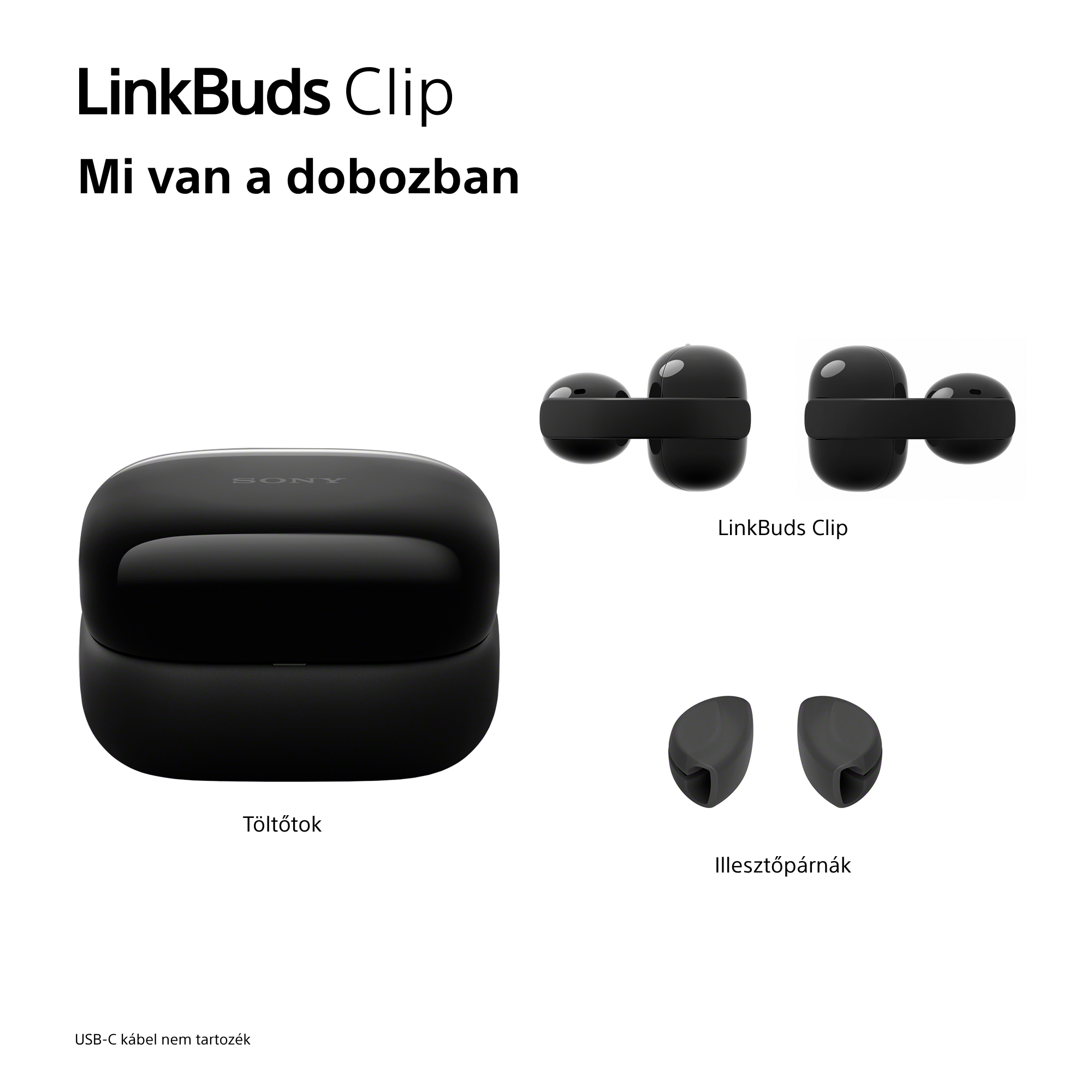 Fekete töltőtok Sony logóval, fülhallgatókkal és illesztékekkel.