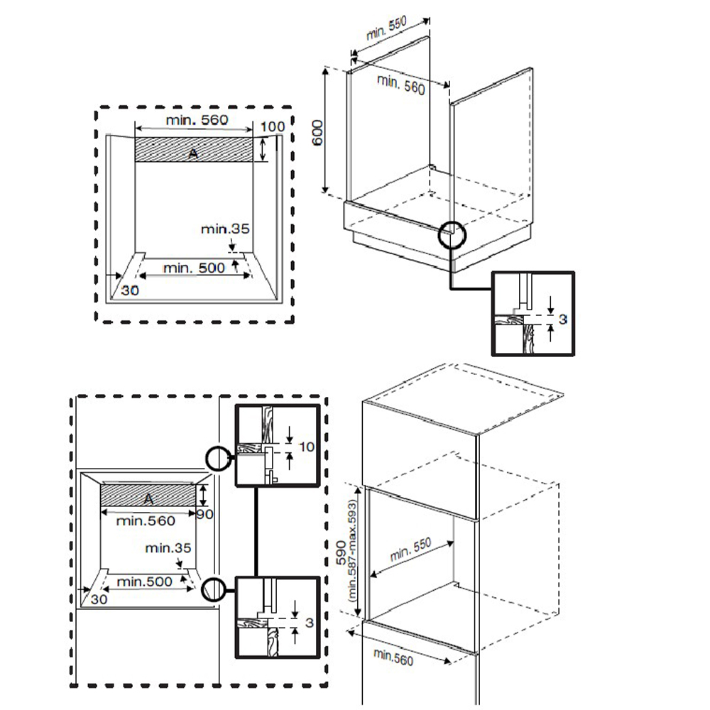 Dibujo técnico con dimensiones de instalación para un electrodoméstico.