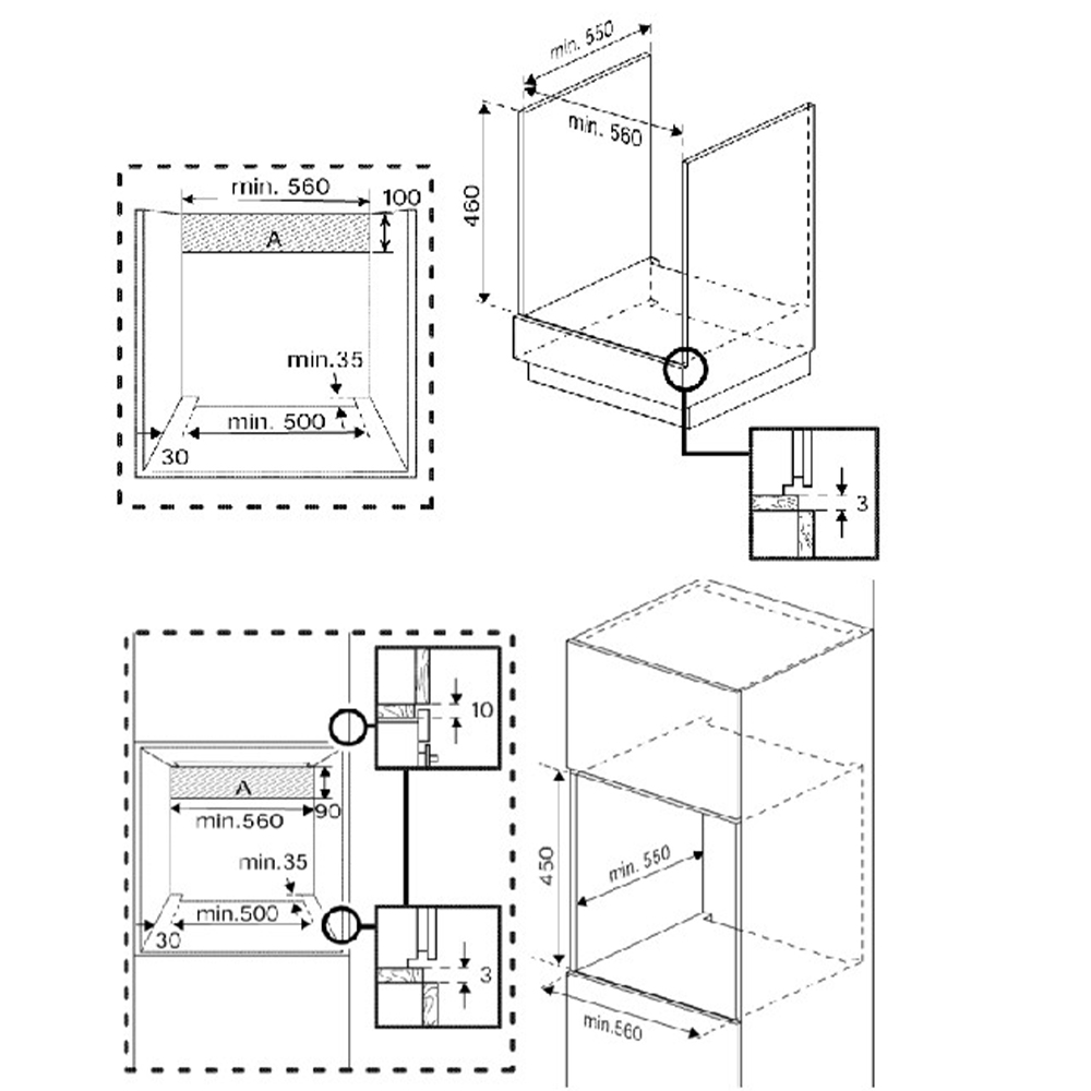 Dibujo técnico con dimensiones de instalación para un electrodoméstico. Primeros planos arriba y abajo a la izq.