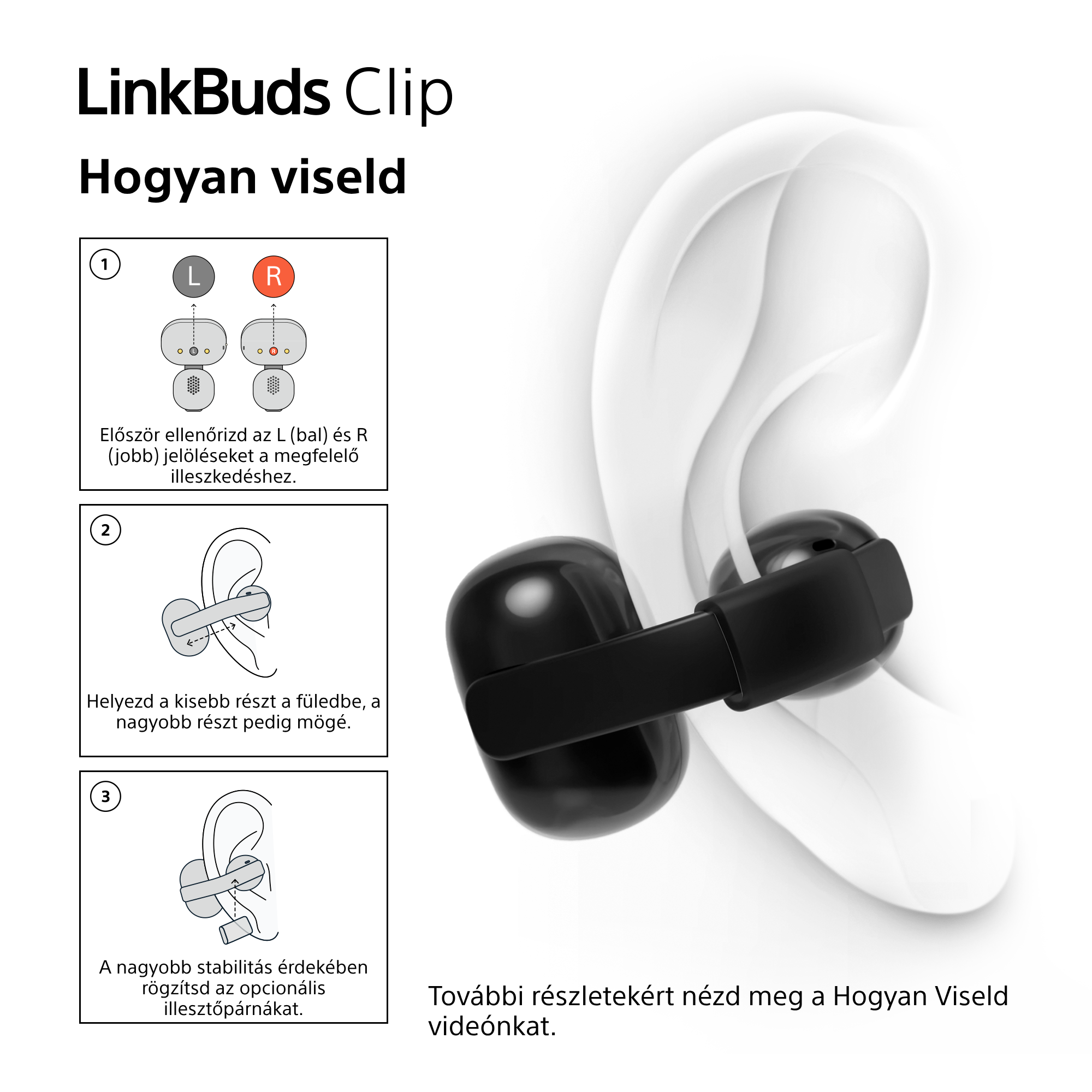 Fekete fülhallgatók, viselési útmutatóval.