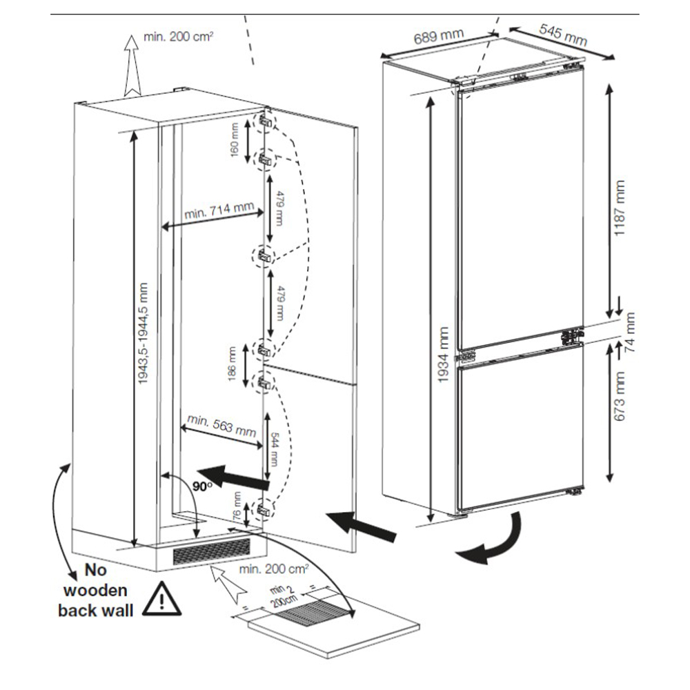 Dibujo técnico de un refrigerador con dimensiones y guías de instalación.