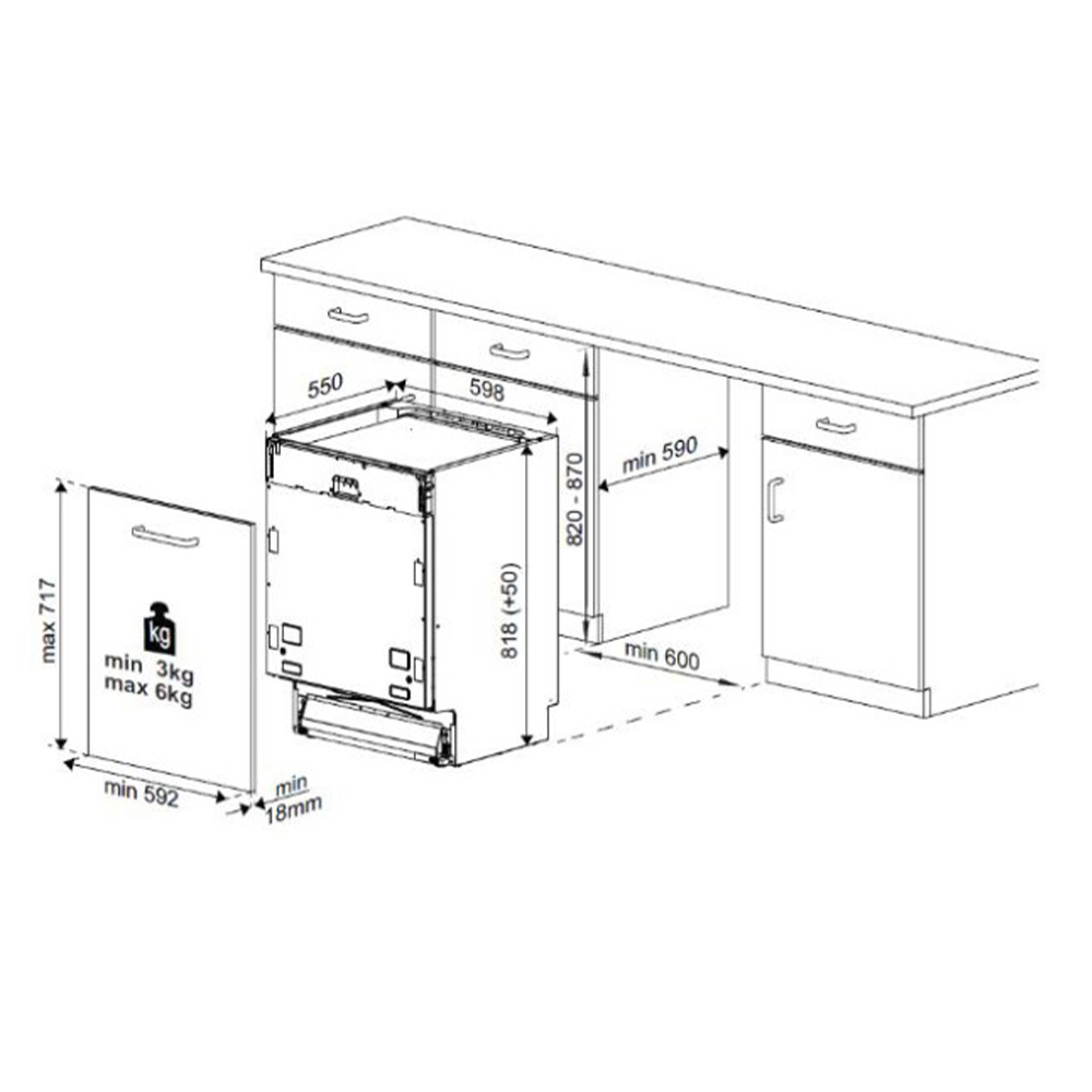 Dibujo técnico de un lavavajillas con dimensiones para instalación y puerta.