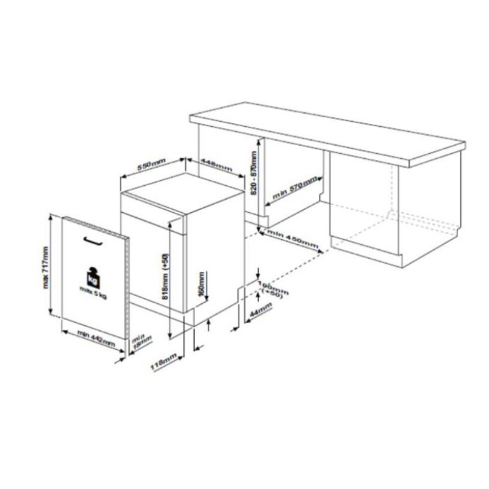Dibujo técnico de un lavavajillas con dimensiones.
