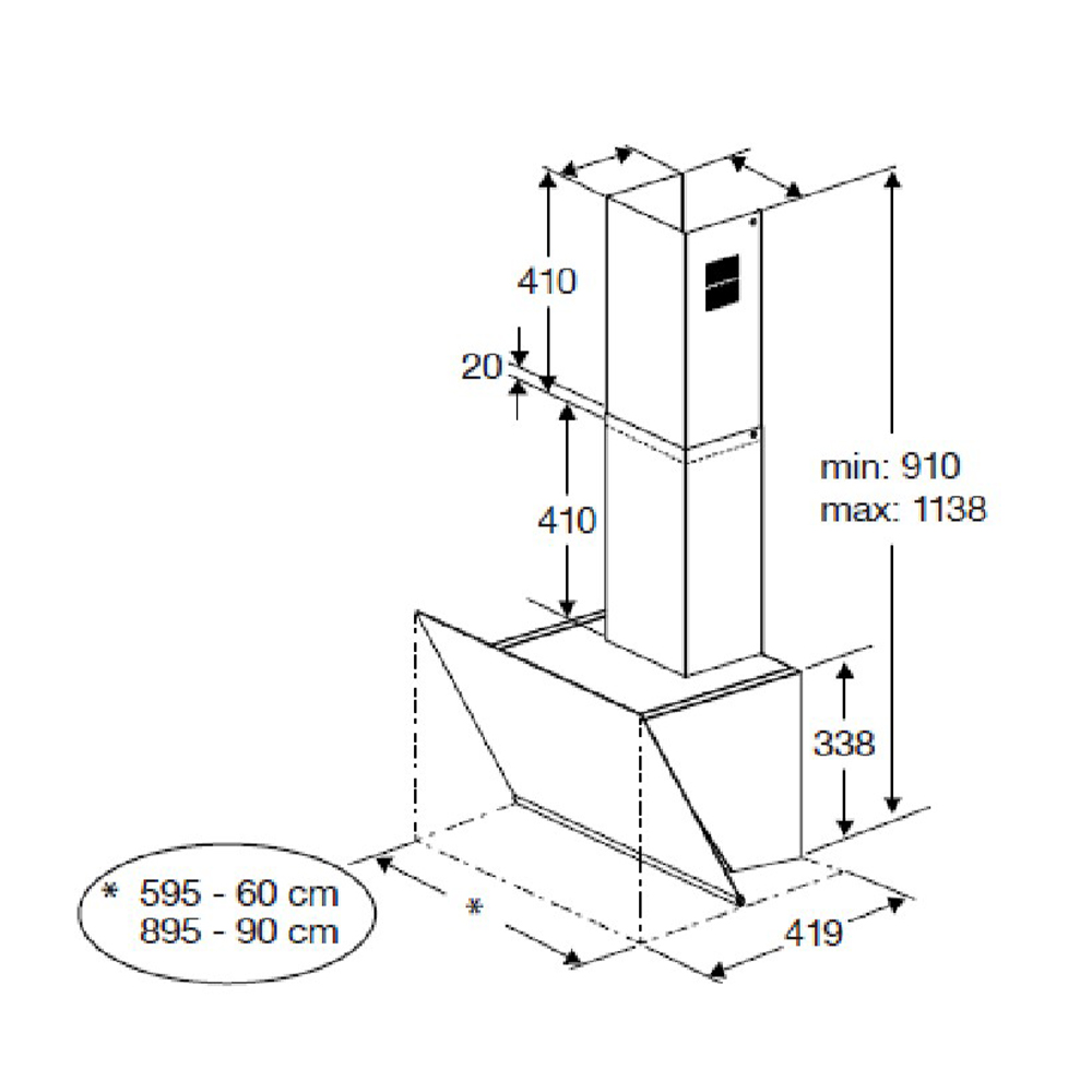 Dibujo técnico de una campana extractora con dimensiones.