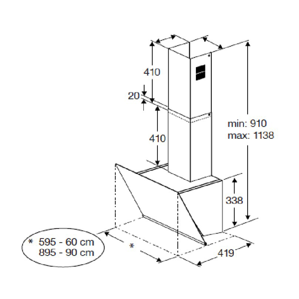 Dibujo técnico de una campana extractora con dimensiones.