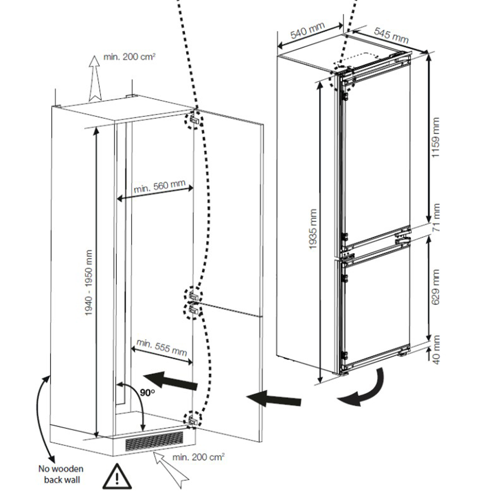 Diagrama de instalación de un refrigerador con dimensiones y ángulos.