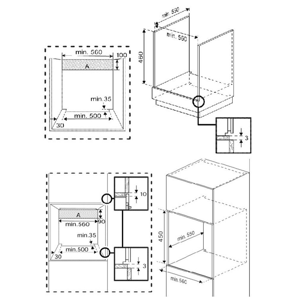 Dibujo técnico con dimensiones para electrodomésticos empotrables, vistas y detalles.