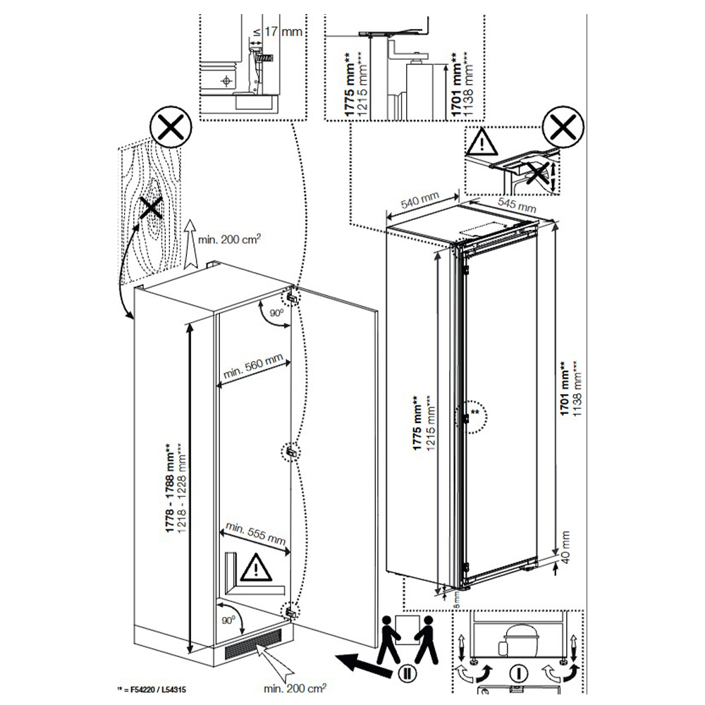 Dibujo técnico de un refrigerador con dimensiones e instrucciones de instalación.