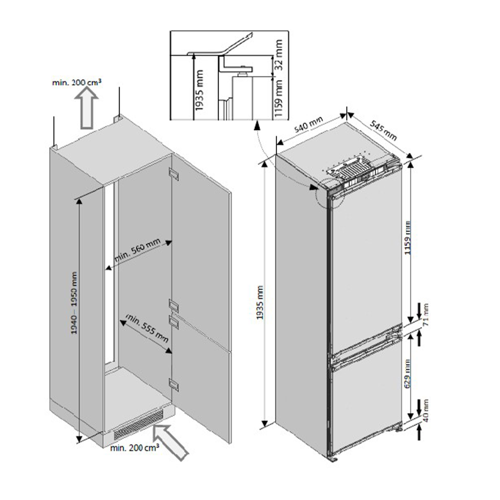 Dibujo técnico de un refrigerador con dimensiones e información de ventilación.