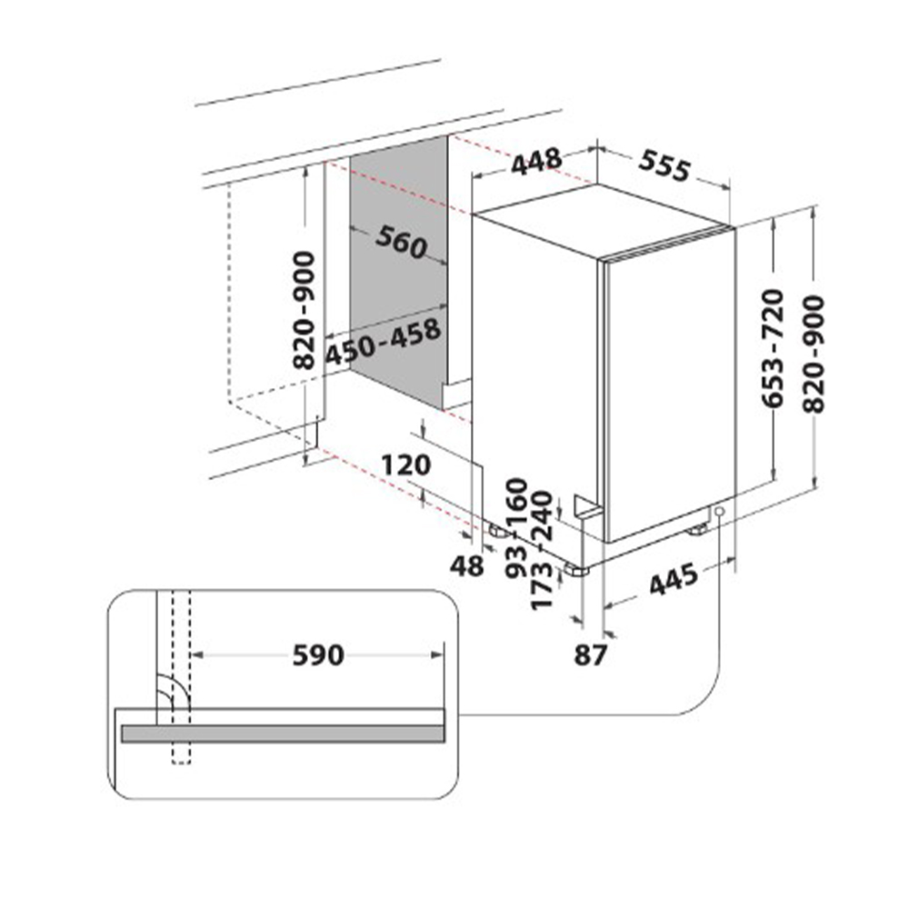 Dibujo técnico de un lavavajillas con dimensiones y medidas de instalación.