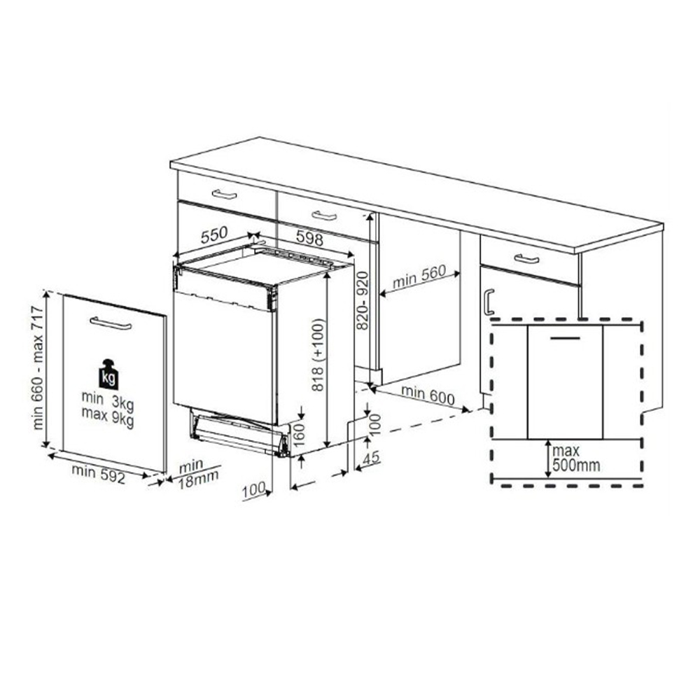 Dibujo técnico de un lavavajillas integrado con dimensiones.