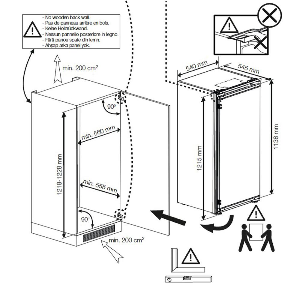 Dibujo técnico de un refrigerador con dimensiones y símbolos de advertencia.