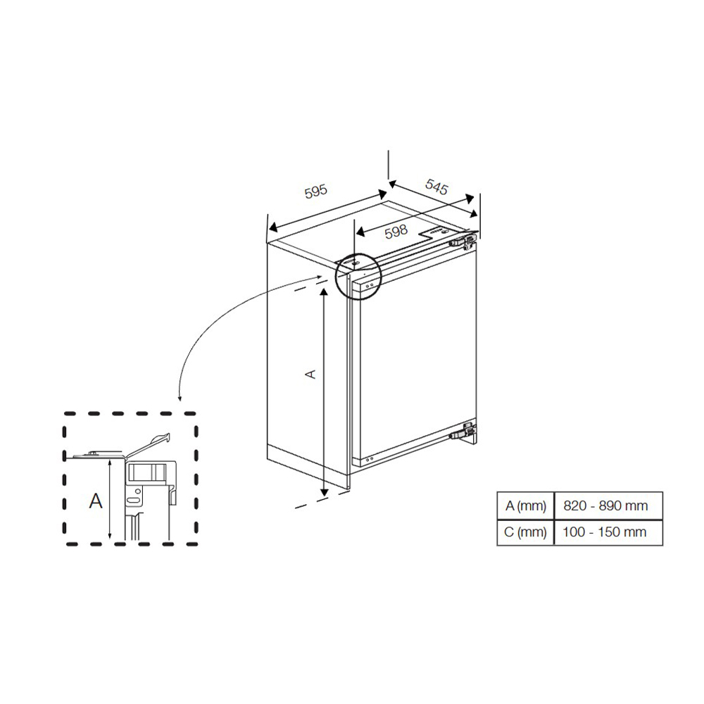 Dibujo técnico con dimensiones de un electrodoméstico. Indicadores de altura y profundidad.