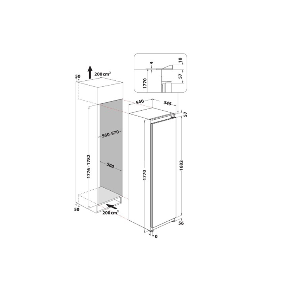 Dibujo técnico de un refrigerador con dimensiones y detalles.