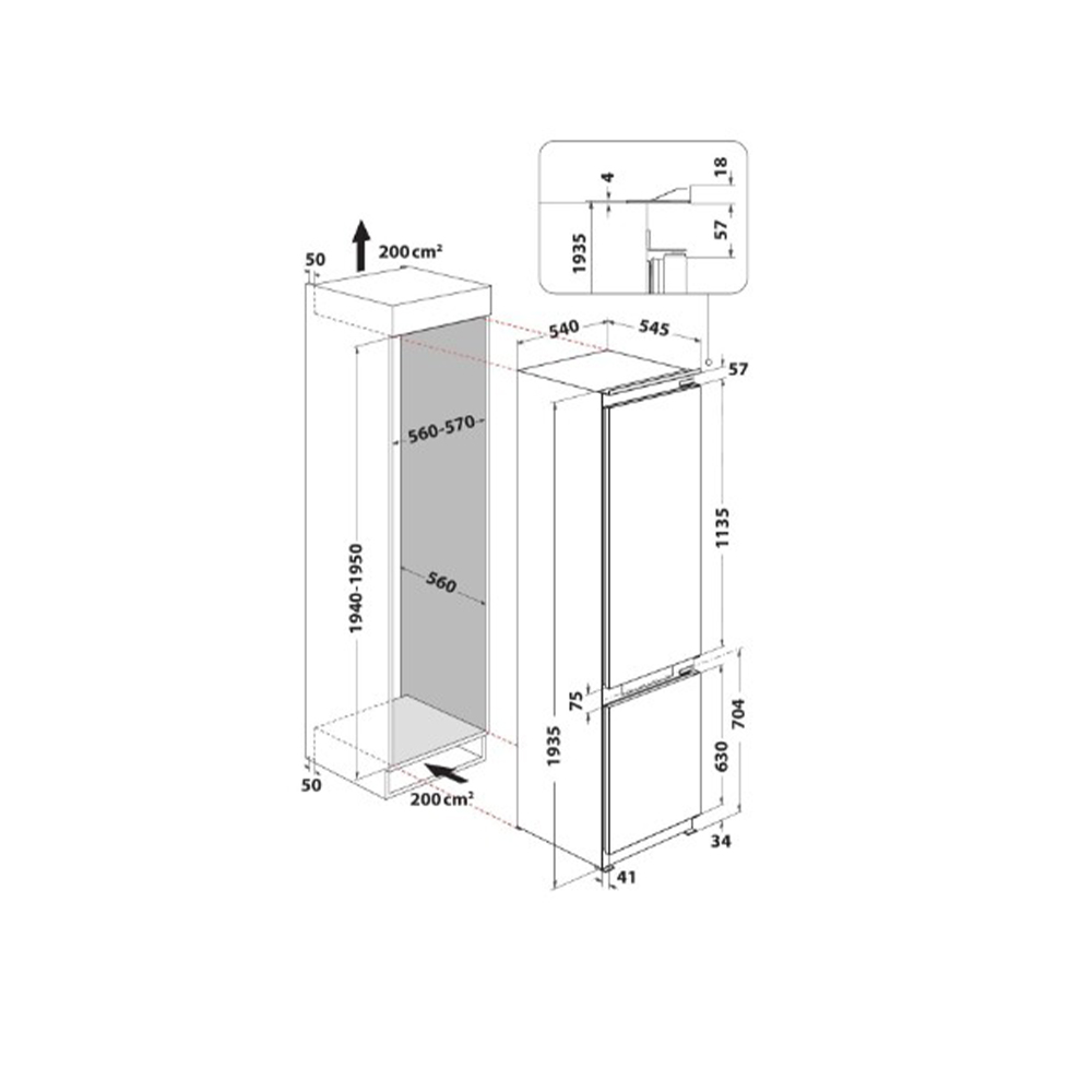 Dibujo técnico de un refrigerador con dimensiones.