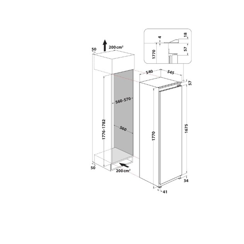 Dibujo técnico de un refrigerador con dimensiones en cm y detalles de ventilación.
