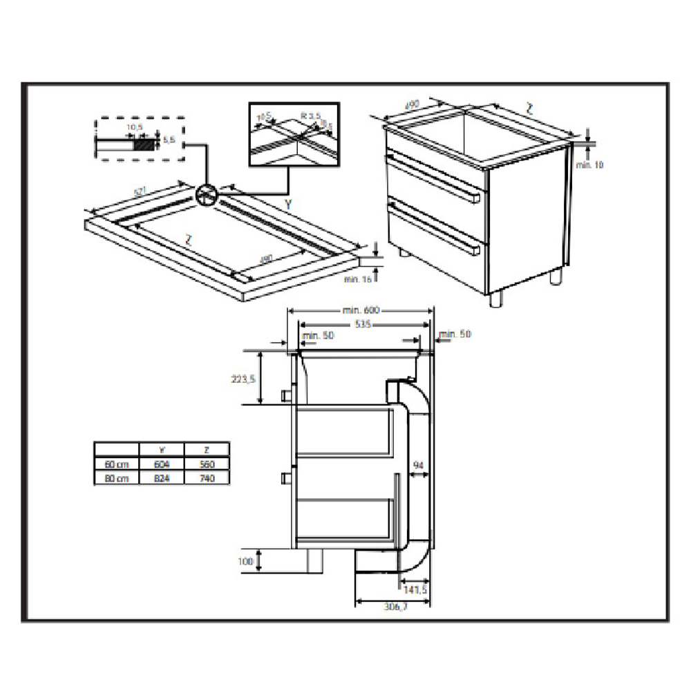 Dibujo técnico de un horno empotrable con dimensiones y detalles.